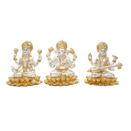 Gold and Silver Coated Lotus Ganesha, Laxmi, Saraswati set (5 inch)