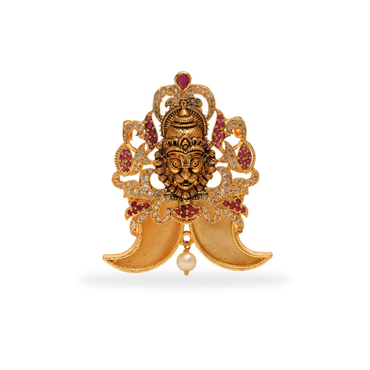ANTIQUE SEMI PRECIOUC LION NAILS SIMHA PENDANT STUDDED WITH CZ AND RUBY
