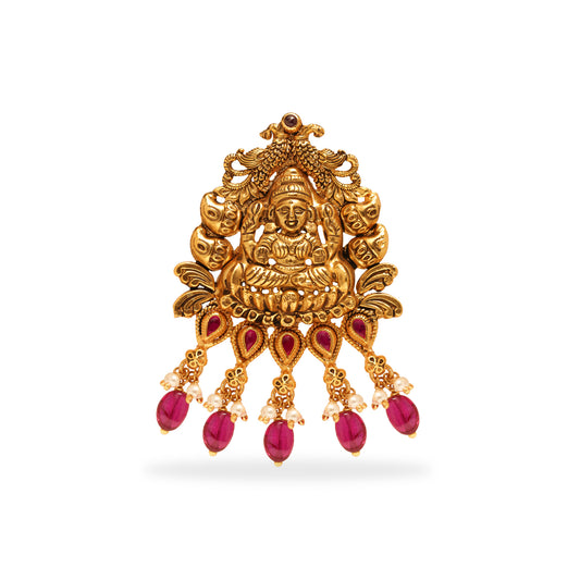 925 SILVER ANTIQUE LAKSHMI PENDANT STUDDED WITH RUBY AND  PEARL