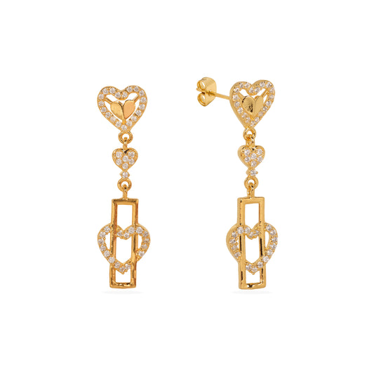 Elegant Radiance: 925 Silver Gold-Plated Heart and Geometric Design Earrings Adorned with Sparkling Stones