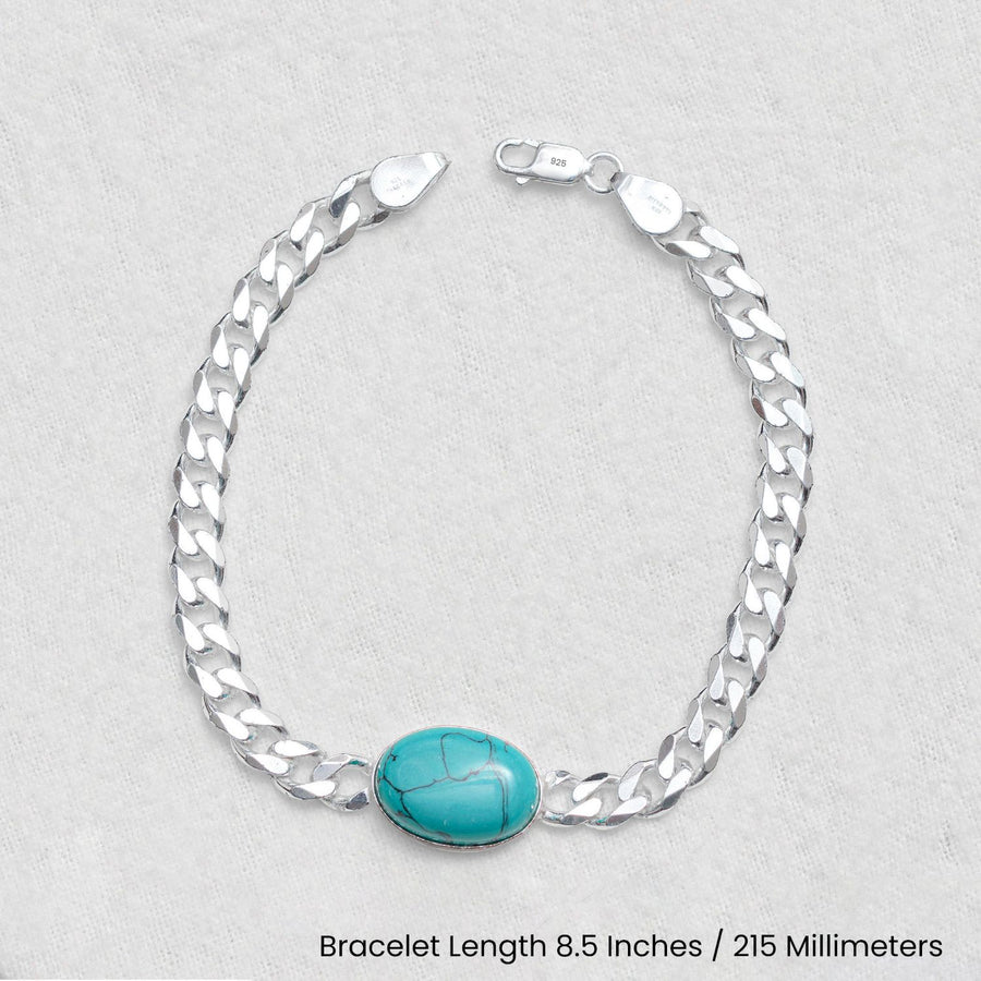 925 Sterling Silver Fancy Curb Chain Turquoise Stone Bracelet for him
