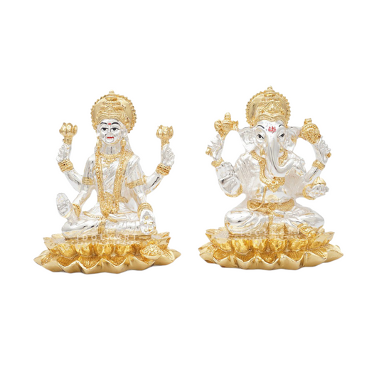 Gold and Silver Coated Lotus Ganesha and Laxmi set (5 inch)