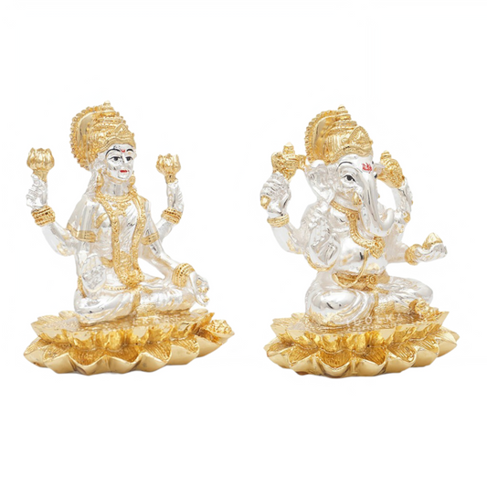 Gold and Silver Coated Lotus Ganesha and Laxmi set (5 inch)