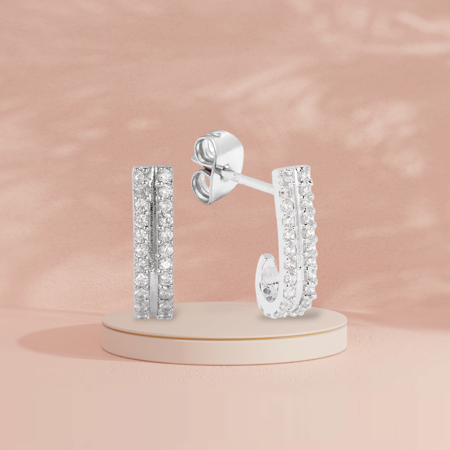 Elegant Silver double line cubic zircon -Encrusted J-Hoop Earrings