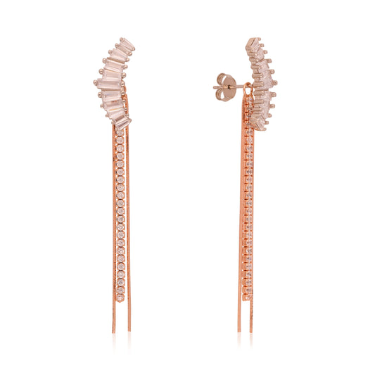 SILVER ROSE GOLD PLATED ZIRCONIA STUDDED 2 IN 1 EARRINGS