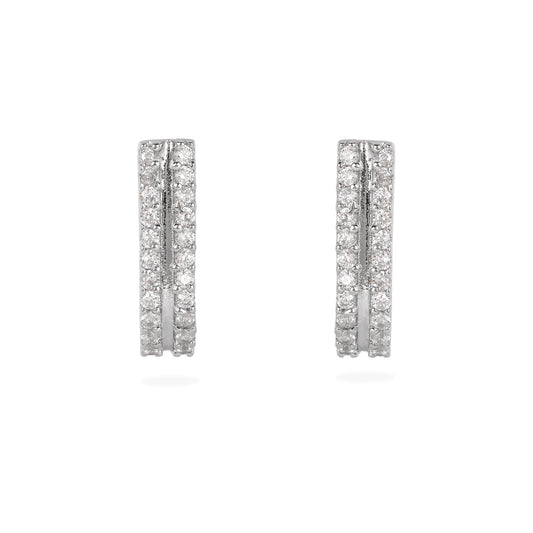 Elegant Silver double line cubic zircon -Encrusted J-Hoop Earrings