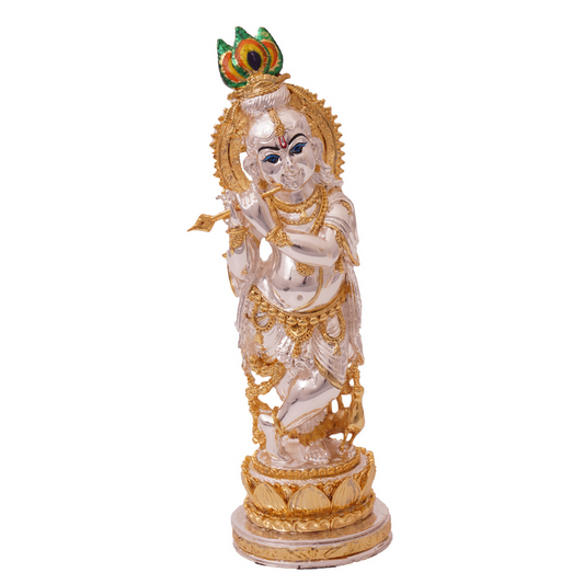 Gold & Silver Coated Lord Krishna Murti with flute