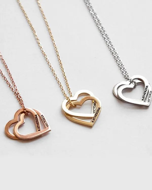DOUBLE HEART COUPLE NAME ENGRAVED NECKLACE - Main Image