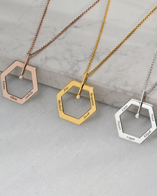 PERSONALISED HEXAGON TRI NAME ENGRAVED NECKLACE