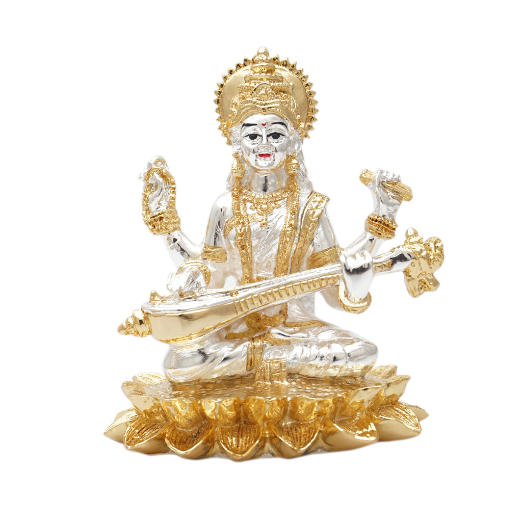 Gold and Silver Coated Lotus Ganesha, Laxmi, Saraswati set (5 inch)