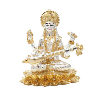 Gold and Silver Coated Lotus Ganesha, Laxmi, Saraswati set (5 inch)