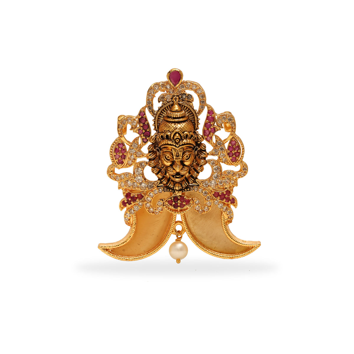 ANTIQUE SEMI PRECIOUC LION NAILS SIMHA PENDANT STUDDED WITH CZ AND RUBY