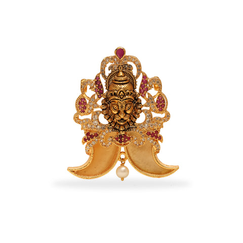 ANTIQUE SEMI PRECIOUC LION NAILS SIMHA PENDANT STUDDED WITH CZ AND RUBY