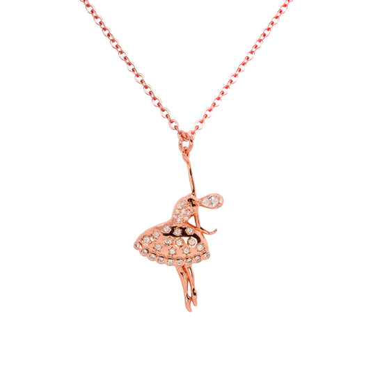 Elegant 925 Silver Dancing Doll Necklace with Rose Gold Plating and Crystal Embellishments