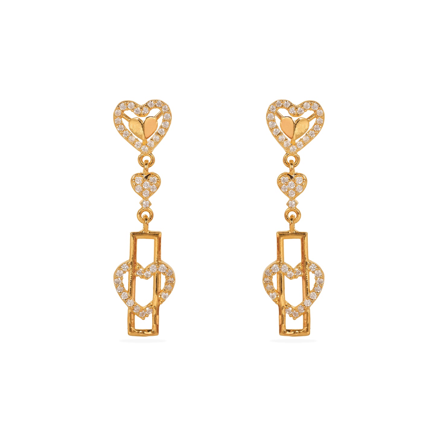 Elegant Radiance: 925 Silver Gold-Plated Heart and Geometric Design Earrings Adorned with Sparkling Stones