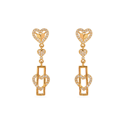 Elegant Radiance: 925 Silver Gold-Plated Heart and Geometric Design Earrings Adorned with Sparkling Stones