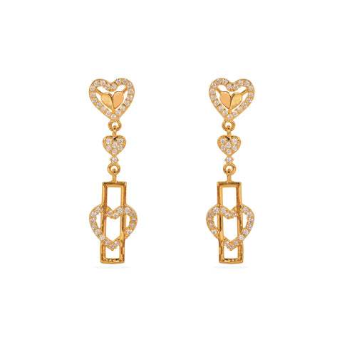 Elegant Radiance: 925 Silver Gold-Plated Heart and Geometric Design Earrings Adorned with Sparkling Stones