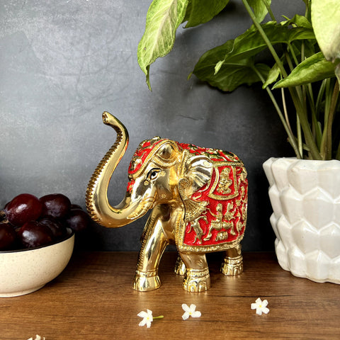 Pure gold and silver coated elephant idol with red enamel