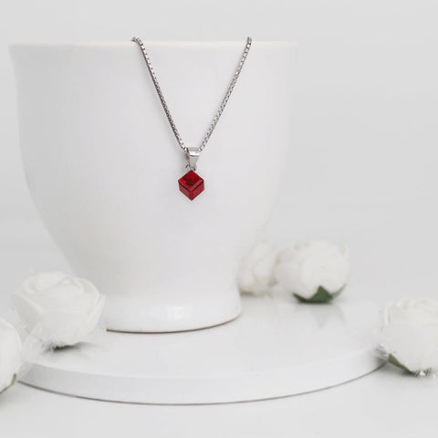 Red Silver Crimson Crystal Pendant with Box Chain