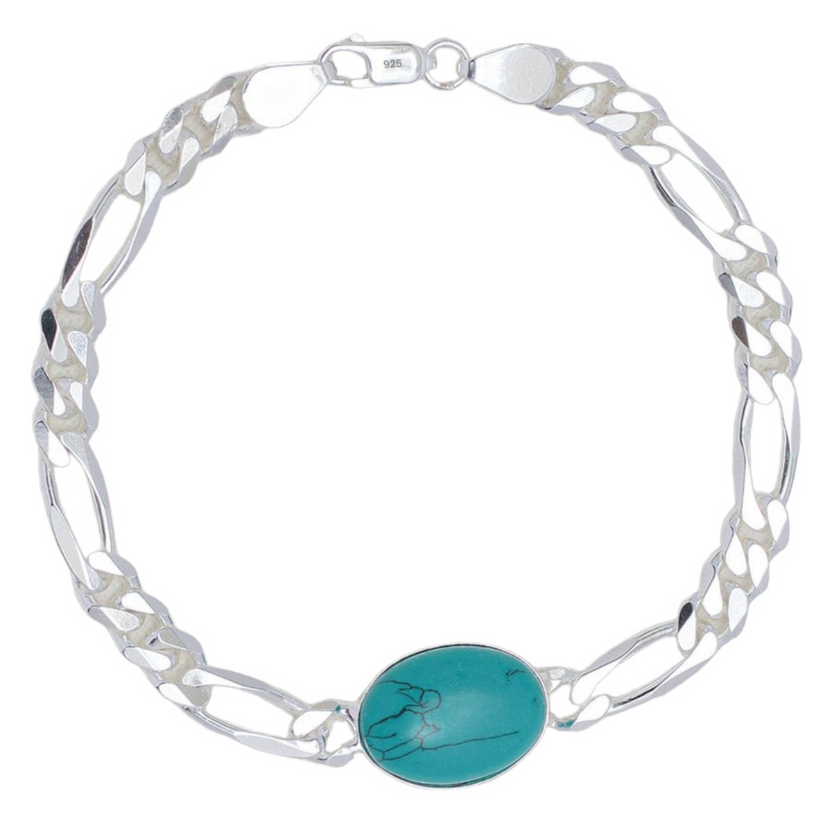 925 Sterling Silver Designer Figaro Chain Turquoise Stone Bracelet for him