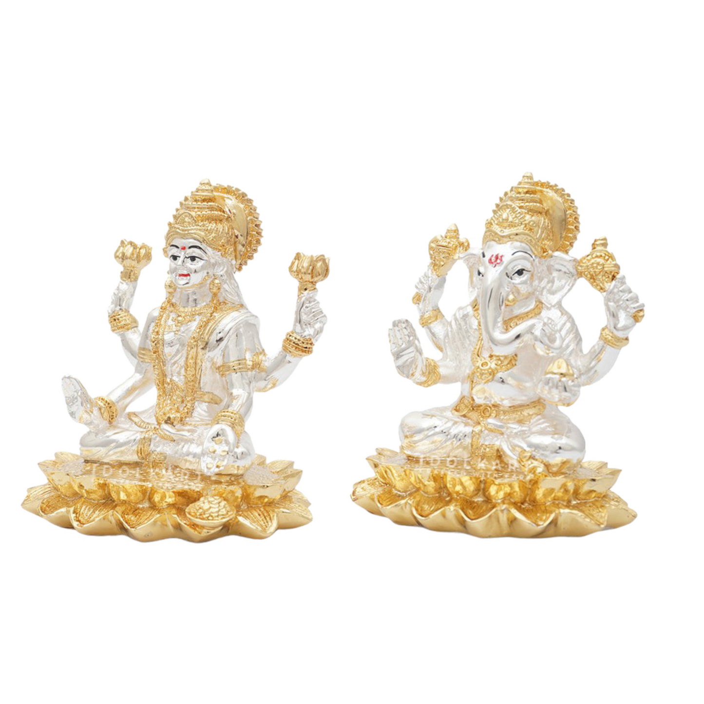 Gold and Silver Coated Lotus Ganesha and Laxmi set (5 inch)