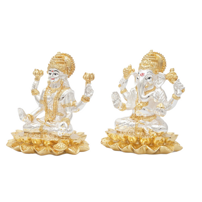 Gold and Silver Coated Lotus Ganesha and Laxmi set (5 inch)