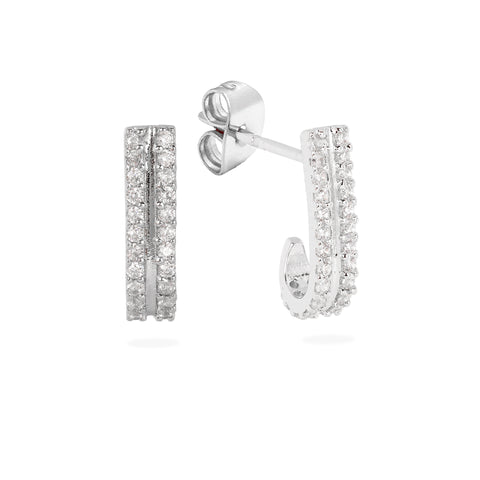 Elegant Silver double line  cubic zircon -Encrusted J-Hoop Earrings