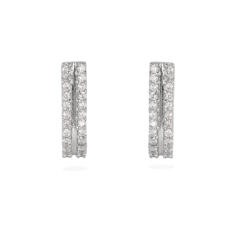 Elegant Silver double line  cubic zircon -Encrusted J-Hoop Earrings