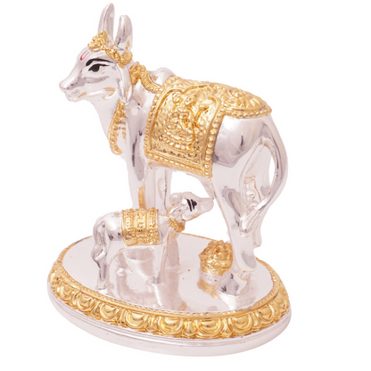 GOLD AND SILVER COATED KAMADHENU/COW IDOL